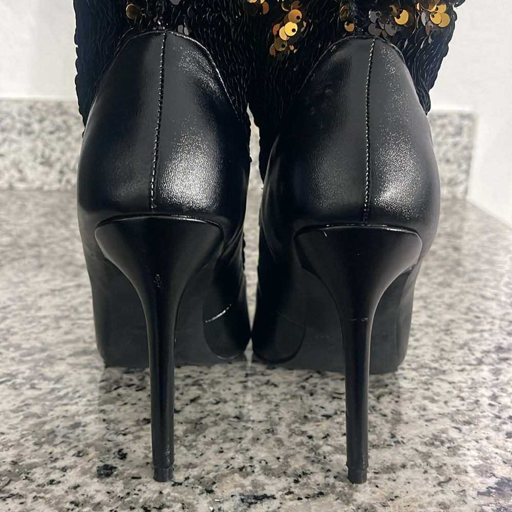 LILIANA SLOUCH SEQUIN POINTY BOOT SIZE 7 1/2 Black Gold. 4.5 inch heel Stilettos - Picture 5 of 17